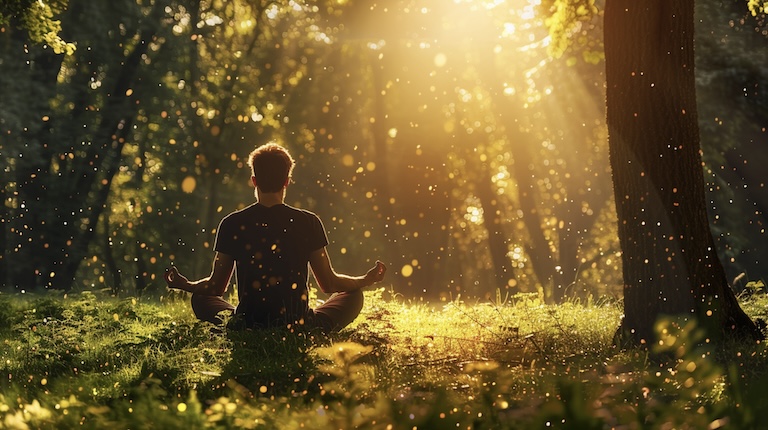 Muž meditujúci v lese žiadny stres