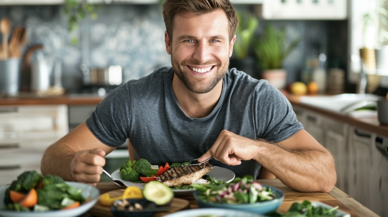 muž sediaci za stolom konzumuje zdravé jedlá na podporu testosterónu